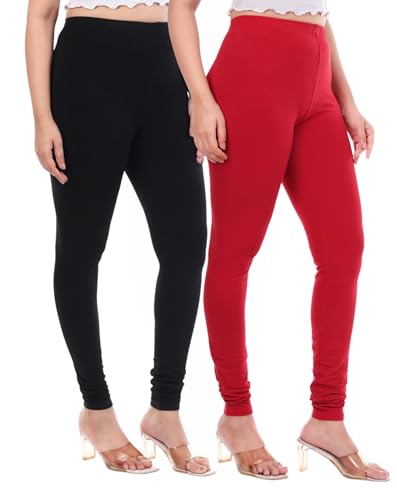 Image of TPF Women Solid Cotton Lycra 4 Way Stretchable Leggings | Combo Pack of 2 Comfortable Churidar-Length Slim Fit Leggings for Women & Girls