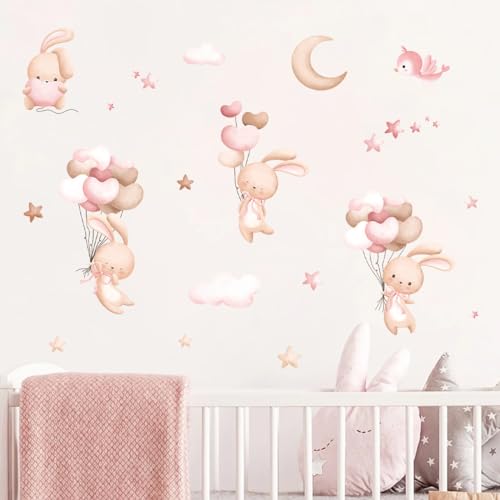 Laoyello Bunny Air Balloon Animals Wall Decals The Moon and Stars Nursery Wall Stickers Baby Girls Room Wall Decor