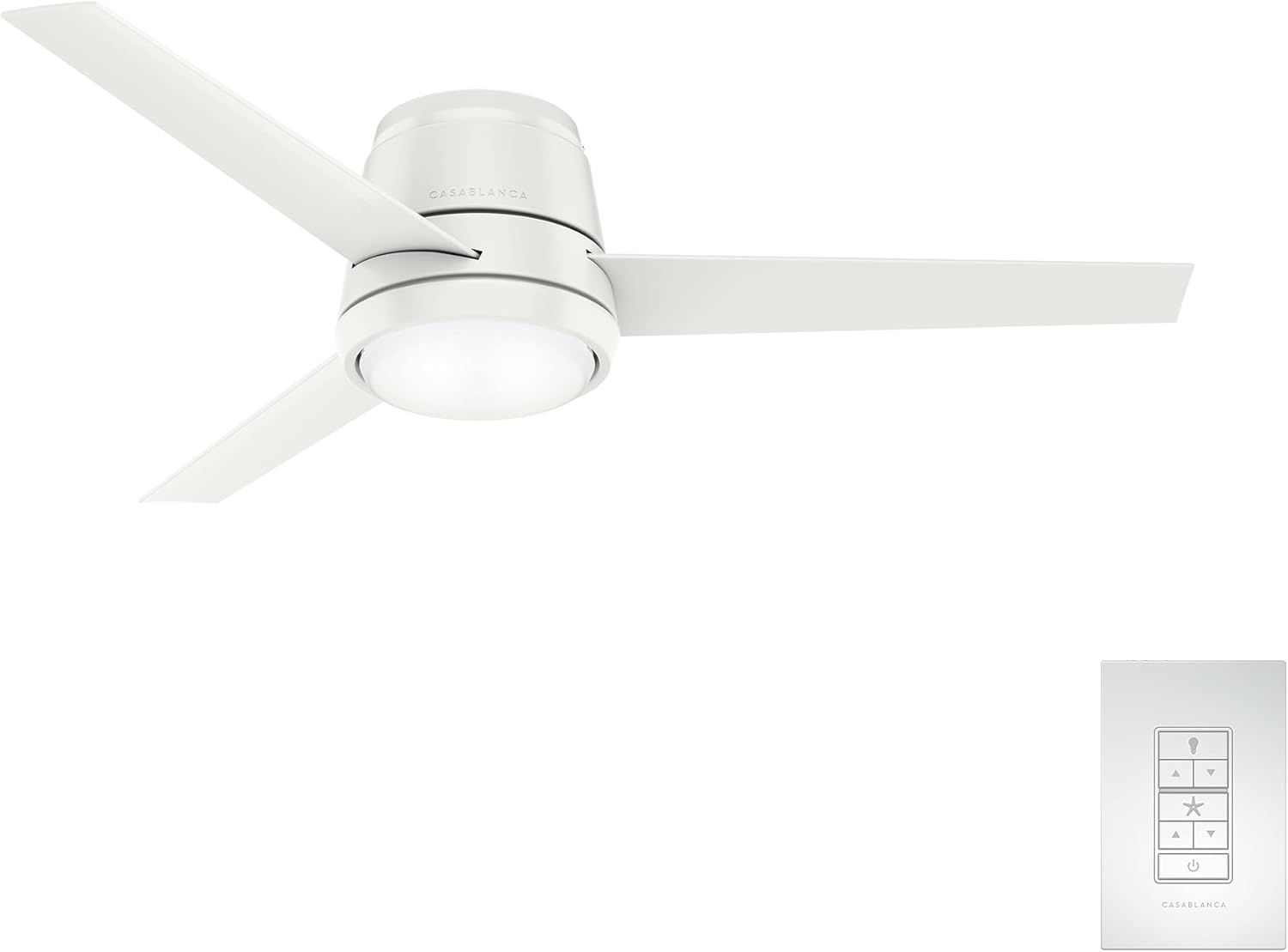 Casablanca 54 inch Indoor Ceiling Fan with LED Light - Low Profile White Ceiling Fan for Bedroom, Living Room, or Kitchen, Wall Control, 3 Blades, Includes Bulb - Commodus 59571, Fresh White