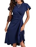 KUNJLELP Cocktailkleid Damen Festliche Kleider Elegant Kurzarm Wickelkleid Partykleid Midikleid Bodycon Figurbetontes Sommerkleider,M,Blau-A