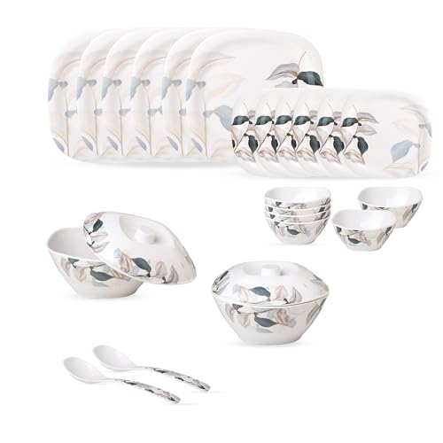 Image of Golden Fish 24 Pcs Dinner Set with Covered Donga for 6 | 6 Full Plates, 6 Quarter Plates, 6 Veg Bowls, 2 Donga with Lid & 2 Serving Spoons | Hygienic Serving Set for Home Dining & Hosting