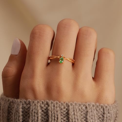 925 Sterling Silver Birthstone Ring for Women Non Tarnish Stackable Ring 14K Gold Plated Pear Teardrop Green Cubic Zirconia Crown V Engagement Promise Wedding Christmas Jewelry Gift for Her2