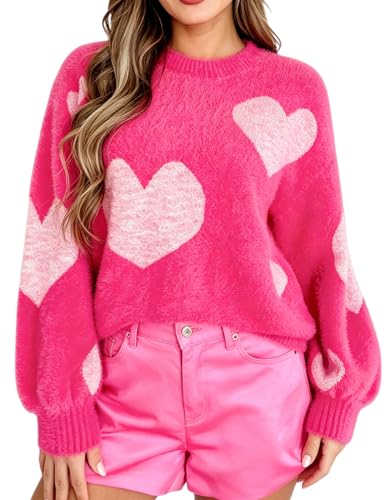 Image of Women's Cute Heart Sweater Love Print Valentine Romantic Knitted Top Casual Crewneck Long Sleeve Sweaters Pullover