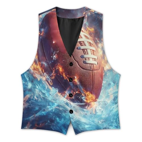 Football Blue Flames And Water Men's Formal Suit Vest for Business Formal Or Casual Dress Waistcoat Wedding3