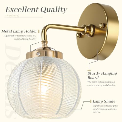 Image of Vintage wall sconces Glass Wall Sconces with Ribbed Clear Globe Glass Shade Gold wall Sconce Modern Vanity Light Bathroom wall sconces Over Mirro Wall lamp for Bedroom Hallway Living Room