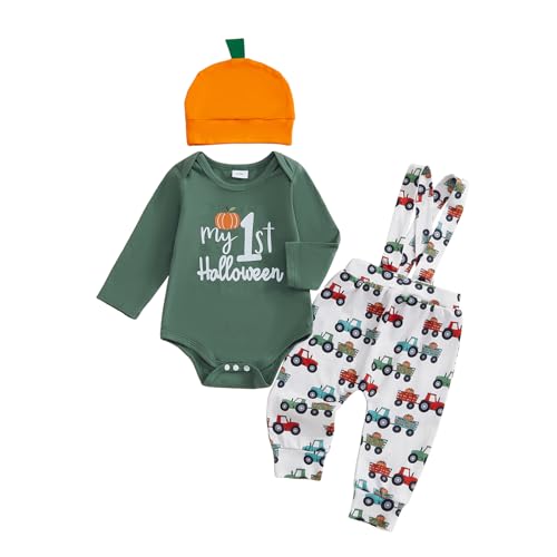 My First Halloween Baby Boy Outfit Long Sleeve Romper Tractor Suspender Pants Set Pumpkin Hat 3Pcs Halloween Clothes