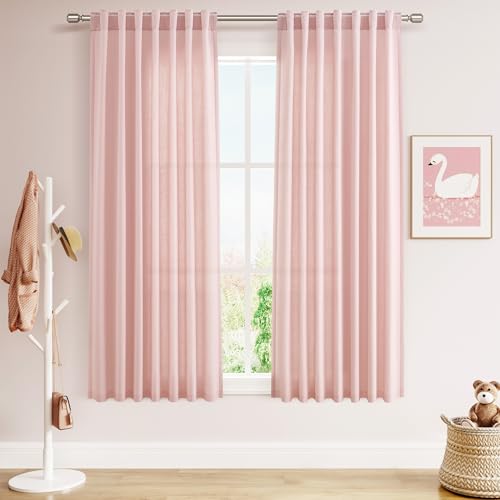 Image of Pink Curtains 63 Inches Long 2 Panel Sets for Baby Girl Bedroom Light Filtering Linen Drapes for Kitchen Windows Rod Pocket Back Tab Short See Through Curtain Home Decor 52x63