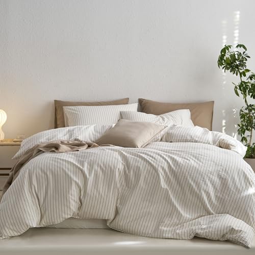 Image of MooMee Striped Duvet Cover Set 100% Washed Cotton Linen Like Textured Breathable Durable Soft Comfy (White Tannish Linen Grey Wide Stripes, Palatial King /Oversized King 120 inchx98 inch) | Relaxed Linen-like Texture. Soft, Breathable & Long-lasting Comfort. Lightweight. Hidden Zipper with 8 Interior Corner Ties