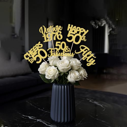 Image of 15 PCS 50th Birthday Centerpiece Sticks Fifty Happy 50th Vintage 1976 Table Flower Centerpieces Sticks Cheers to 50 Fabulous Floral Decorations for 50th Birthday Party Centerpieces Supplies Gold