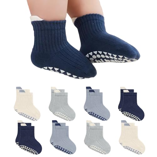 Image of BONANGEL Baby Socks with Grips, 8 Pairs Non Slip Cotton Ankle Socks for Toddler Girls Boys Infants Kids 0-5 Years Old