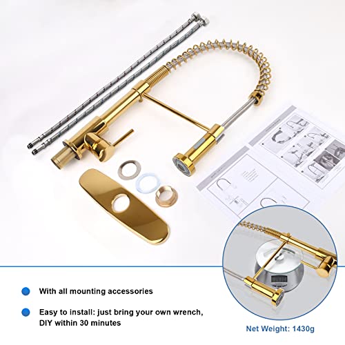 M Oudemei Commercial Pull Down Kitchen Sink Faucet With Dual Function Sprayer, Single Handle Spring Faucets With Deck Plate, High Arc Kitchen Faucet For 1 Or 3 Hole Easy Installation (Polished Gold) #TOP5