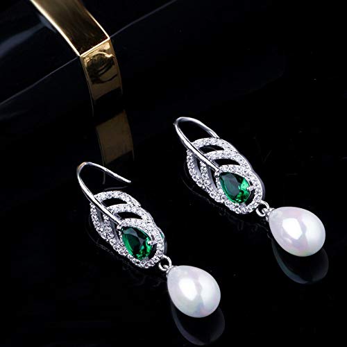 Boucles d'oreilles longue goutte zircon vert et perle crochet argentée pour femme