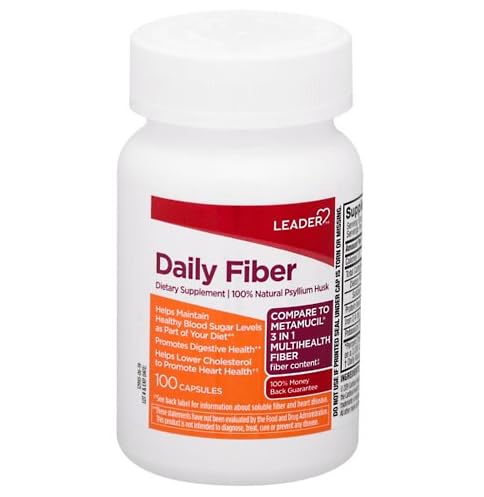 Leader Daily Psyllium Husk Powder Supplement, 3-in-1 Fiber Digestive Health, Plant Based 100% Natural Psyllium Husk Fiber, Sugar-Free, Gluten Free, Non-GMO (Compare to Metamucil) 100 Capsules