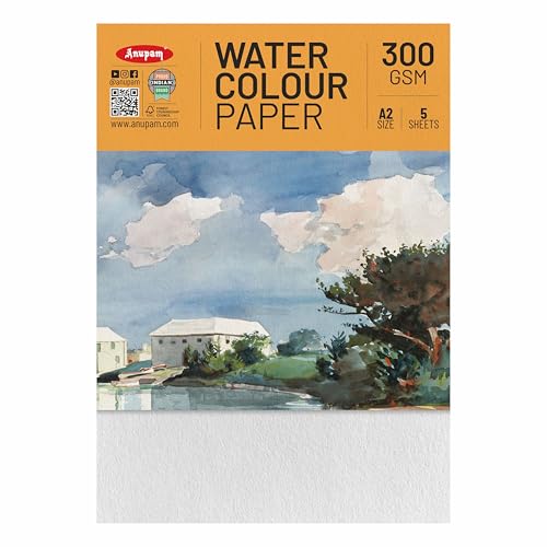 Image of Anupam Professional Watercolour Paper | A2 (60X42CM) 300 GSM Cold Pressed Paper | 5 Sheets | Ideal for Artist, Professional Drawing, Painting Dry & Wet, Fine Art, School, Students, Watercolor