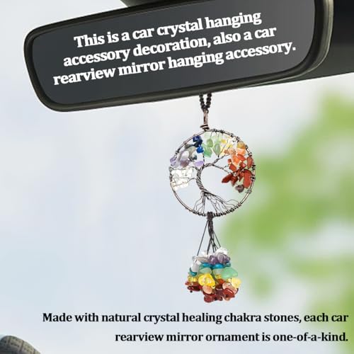 Norkmdi Tree of Life Car Mirror Hanging Accessories, Boho Chakra Crystal Healing Stones Rear View Mirror Ornament, Lucky Stone Tree Auto Rearview Swing Decor, Universal for SUV RV Truck (Round) - Thumbnail 4