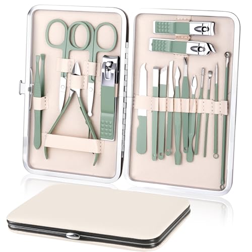 URAQT Manicura Pedicura Set, 18 Piezas Cortaúñas, Tijeras de Uñas con Herramientas Remover Cutícula, Acero Inoxidable, Profesional Cortaúñas para Viajes y hogar, con Caja de Cuero, Verde