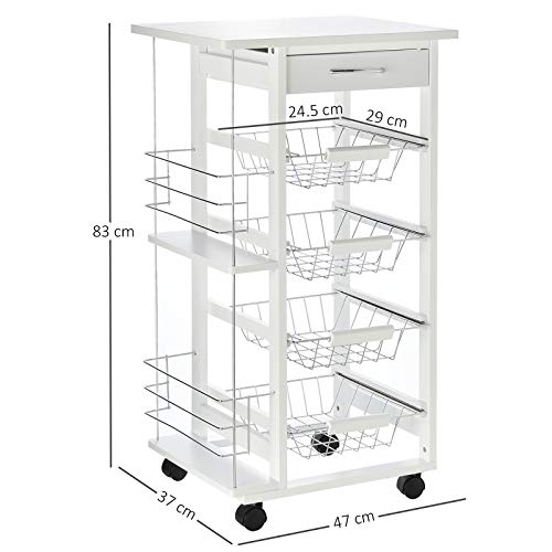Miniatura 7 de Homcom Carrito De Cocina Con Ruedas Carro Multiusos Con Cajón 4 Cestas Extraíbles De Metal Y Bastidores Laterales 47x37x83 Cm Blanco