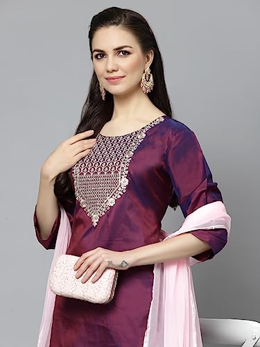 Image of LookMark Women's Art Silk Purple 3 /4 Sleeve Straight Kurta with Pant and Light Pink Color Dupatta(KS2065-S )