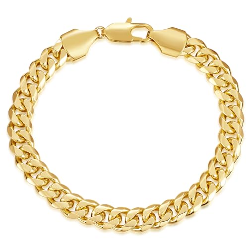 14K Gold Bracelet for Men Women, 7.5 inch Non Tarnish Golden Cuban Link Chain with 8mm Width & Lobster Claw Clasp for Him, Jewelry Gift with Box for Valentine's Day/Father's Day/Anniversary