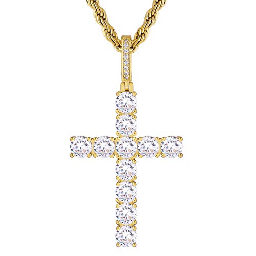 KRKC&CO クロスネックレス 十字架 ペンダントトップ ロープチェーン付き 【2点セット】 大粒 CZダイヤ ジルコニア 14金メッキ メンズ アクセサリー おしゃれ 人気 プレゼント（Amazon）