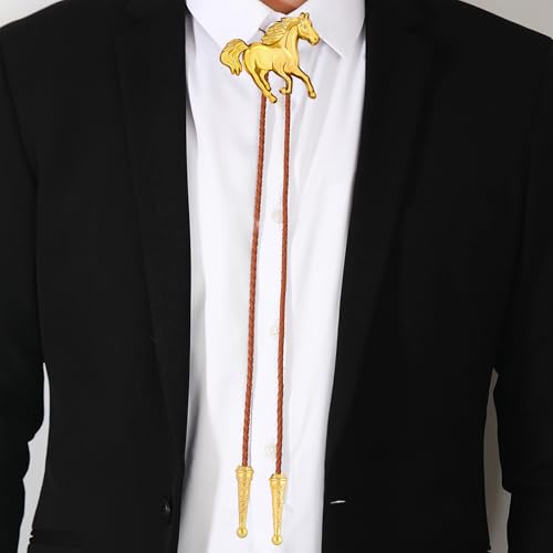 Image of GelConnie Bolo Ties for Men Women Western Cowboy Tie Mens Western Necklace Leather Necktie Gold Bolero Tie Cowboy Necklace
