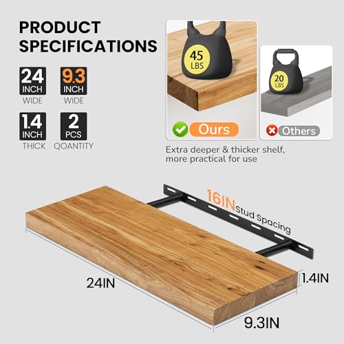 Image of Fun Memories Floating Shelves for Wall, 24 inchx9.3 inch Rustic Solid Elm Wood Shelves, Heavy-Duty Wall Mounted Shelves with Invisible Brackets, Set of 2 for Living Room, Bedroom, Kitchen, Natural Finish