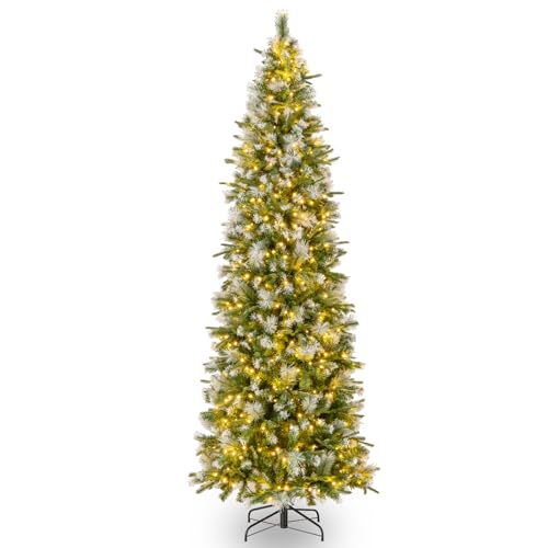 Goplus 9ft Pre-Lit Pencil Christmas Tree, Artificial Hinged Xmas Tree with 1228 Flocked Frosted...