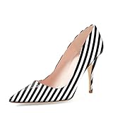 YDN Women Classic Pointy Toe Middle Heel Pumps Slip on Black and White Stripe Shoes for Date Evening Dress Size 8 (Black Stripe)