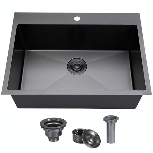 Image of SHACO 33x22 Black Drop In Kitchen Sink, 33 Inch Large Top Mount Gunmetal Black Farmhouse Sink, Single Bowl Basin 16 Gauge SUS304 Stainless Steel Wet Bar Prep Sink