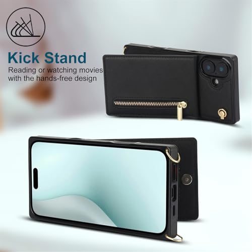 Ysnzaq Wallet Case for iPhone 16 6.1" with Crossbody Lanyard Strap & Credit Card Holder for Women PU Leather Zipper Purse Flip Folio Cover Case for iPhone 16 / Apple 16. XK-Black - Image 3