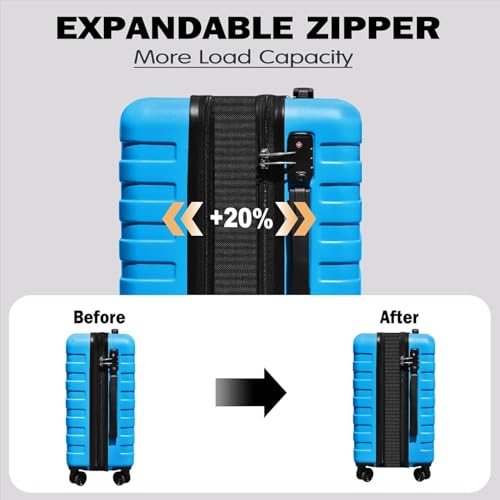 Image of KEYTANG Zebra 20 inch Expandable Carry-On Luggage Set with TSA Lock, Lightweight Hardshell Suitcase with Spinner Wheels, PC+ABS Durable Checked Luggage, Bonus Travel Backpack & Cosmetic Makeup Bag,Blue