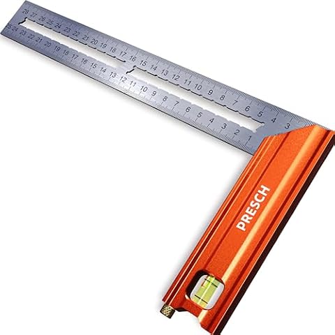 Presch Kątownik stolarskie 250mm | Mały | Zawiera nierdzewny znacznik (25 cm), poziomicę i kołek znacznikowy | 90° i 45° | Kwadrat precyzyjny, kwadrat stolarski, kwadrat inżynierski