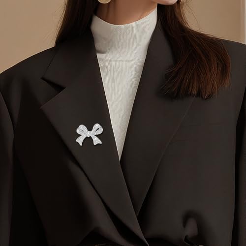 Image of Rhinestone Brooches For Women Bling Bow Brooch Pin Vintage Sparkly Bow Pins For Lapel Vintage Crystal Large Bowknot Brooches Dress Pin (Silver)