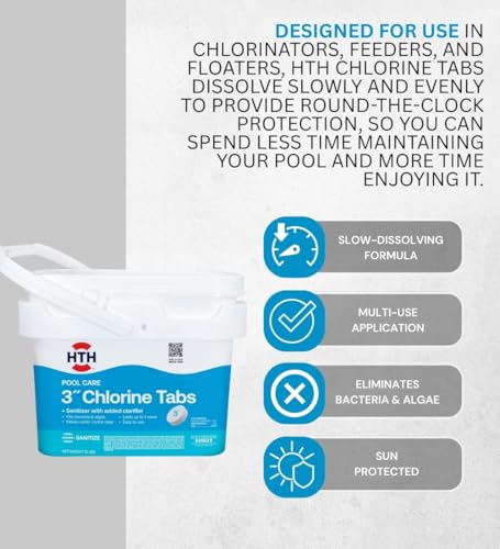 Image of HTH 42046 Swimming Pool Care 3 inch Chlorine Tabs, Swimming Pool Chlorinating Sanitizer, 25lb