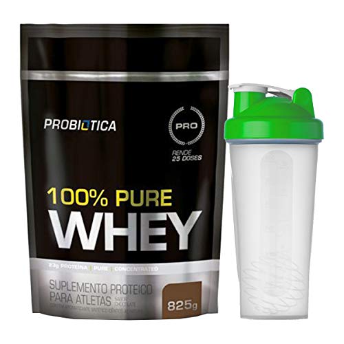 Kit 100% Pure Whey Protein 825g Probiotica + Coqueteleira Verde 600ml Simples (Morango)