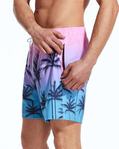 SILKWORLD Mens Swim Trunks with Compression Liner 5.5 Inseam Bathing Suit with Zipper Pockets, Pink Blue Coconut Tree, X-Large3