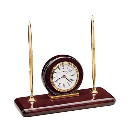 Howard Miller Rosewood Desk Clock Set - High Gloss Wooden Finish, Brass Bezel, Roman Numerals, Personalized Engraving Plate, Quartz Movement, Elegant Office Tabletop Clock with Pens