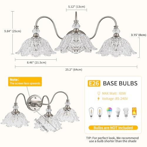 Image of Brushed Nickel 3-Light Bathroom Vanity Light with Floral Clear Glass Shades, Brushed Nickel Wall Mount Lighting for Bathroom, Dressing Table
