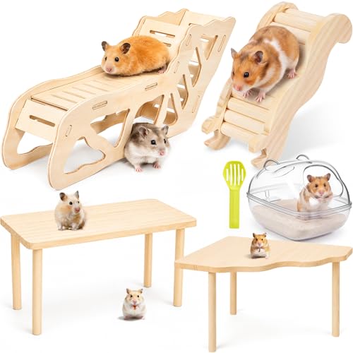 Qunclay 5 Pcs Hamster Wooden Platform Hideout Tunnels Climbing Ladder