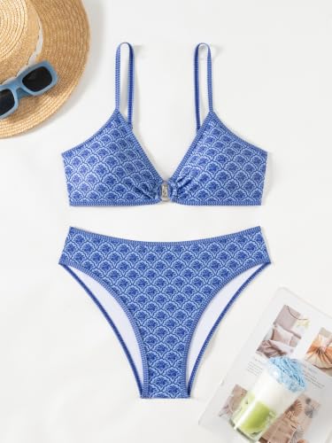 Image of Women's Triangle Bikini Sets O Ring Linked Two Piece Swimsuits Floral Printed Cheeky Bathing Suit