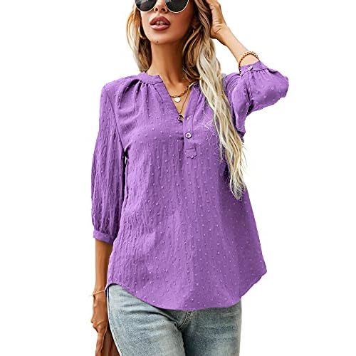 LOMON Women's Casual 3/4 Sleeve Henley V-Neck Button Up Pleated Back Blouses Swiss Dot Blouse Tops T-Shirts S-XXL Small Apricot