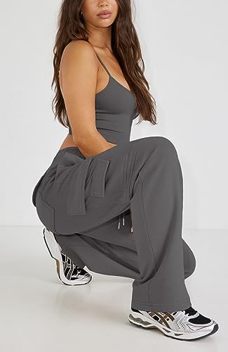Waitfairy Wide Leg Sweatpants Women Cargo Pants Fleeece High Waisted Baggy Sweatpants for Women Casual Pants with 8 Pockets Grey M3