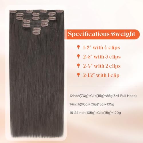 Image of Sunny Hair Clip in Hair Extensions Real Human Hair Mocha Black Brown 105g | Remy Hair for Women Natural Blend Clip Ins Easy to Add Volume in Minutes for College & Office 14 Inch