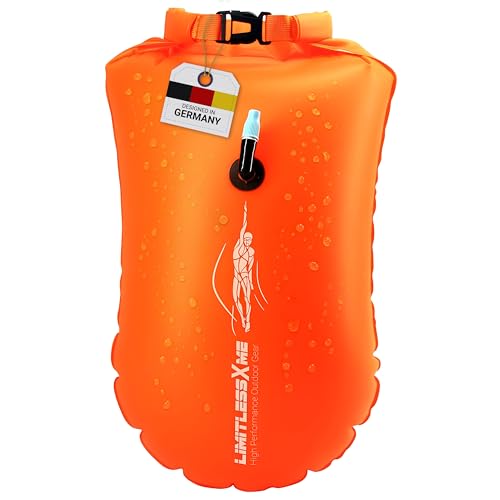LimitlessXme Schwimmboje & Trockensack - 28l Orange. Sicherheit beim Schwimmen, Open Water und Triathlon. Swimming Buoy, Swim Bubble, Schwimm Boj aufblasbar