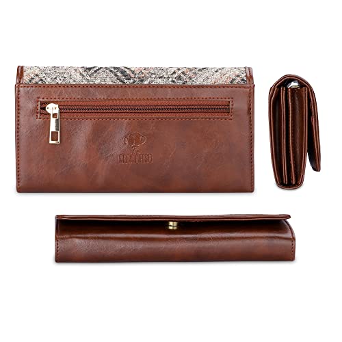 Image of THE CLOWNFISH Sharon Collection Tapestry Fabric & Faux Leather Snap Flap Closure Womens Wallet Clutch Ladies Purse with Multiple Card Holders (White-Checks)