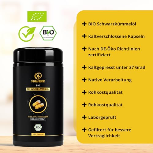 Bio Schwarzkümmelöl Kapseln von Sunnafrucht® (180stk.) Kaltgepresst & Ungefiltert aus Nigella Sativa *Reich an Thymoquinon* Native ägyptische Schwarzkümmelöl Kapseln Bio