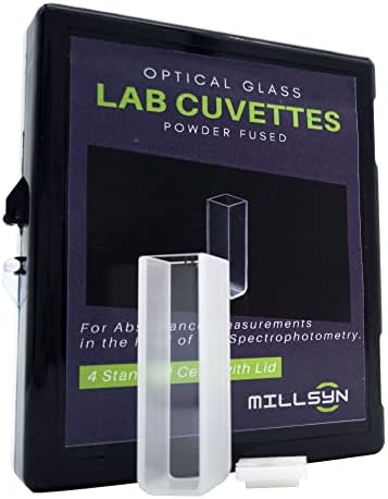 MILLSYN Lab Cuvettes, Optical Glass, Standard 10mm Path Length for Visible Light Spectrophotometer Analysis, 4 Cells with PTFE Covers