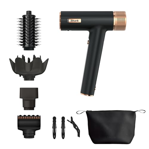 Shark SpeedStyle Secador de pelo y RapidGloss Finisher para todo tipo de cabello, 5 moldeadores, estuche y pinzas, secado rápido, reduce encrespamiento, sin daño por calor, negro/cobre,HD353BKEU
