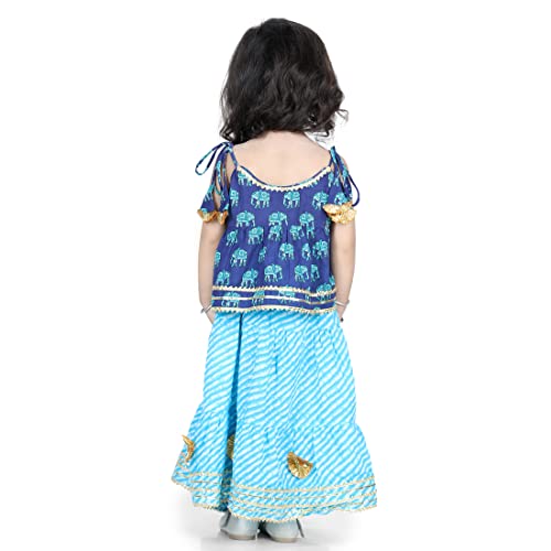 Hathi Print Pure Cotton Top Leheriya Lehenga for Girls-Blue4