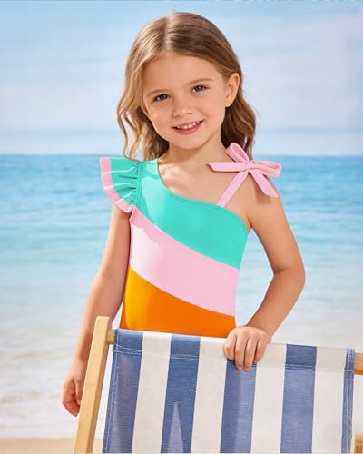 Image of Redair Toddler Girl One Piece Swimsuit Color Block with Ruffled Sleeve Straps Swimwear Bathing Suit for Baby Girl 12M-6Years
